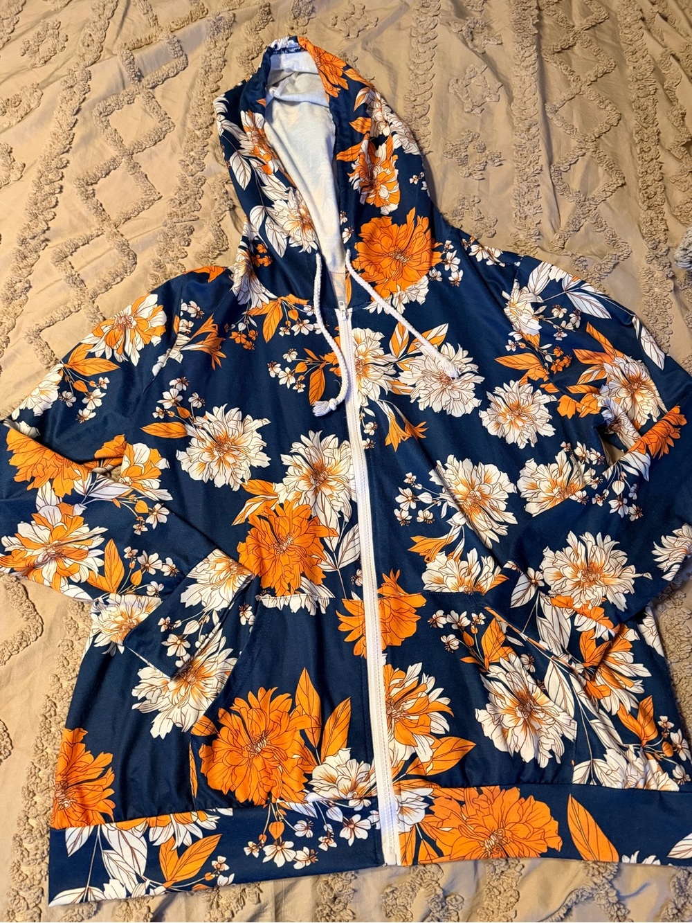 Women’s Navy Hoodie Jacket with Orange & White Floral Print with pockets